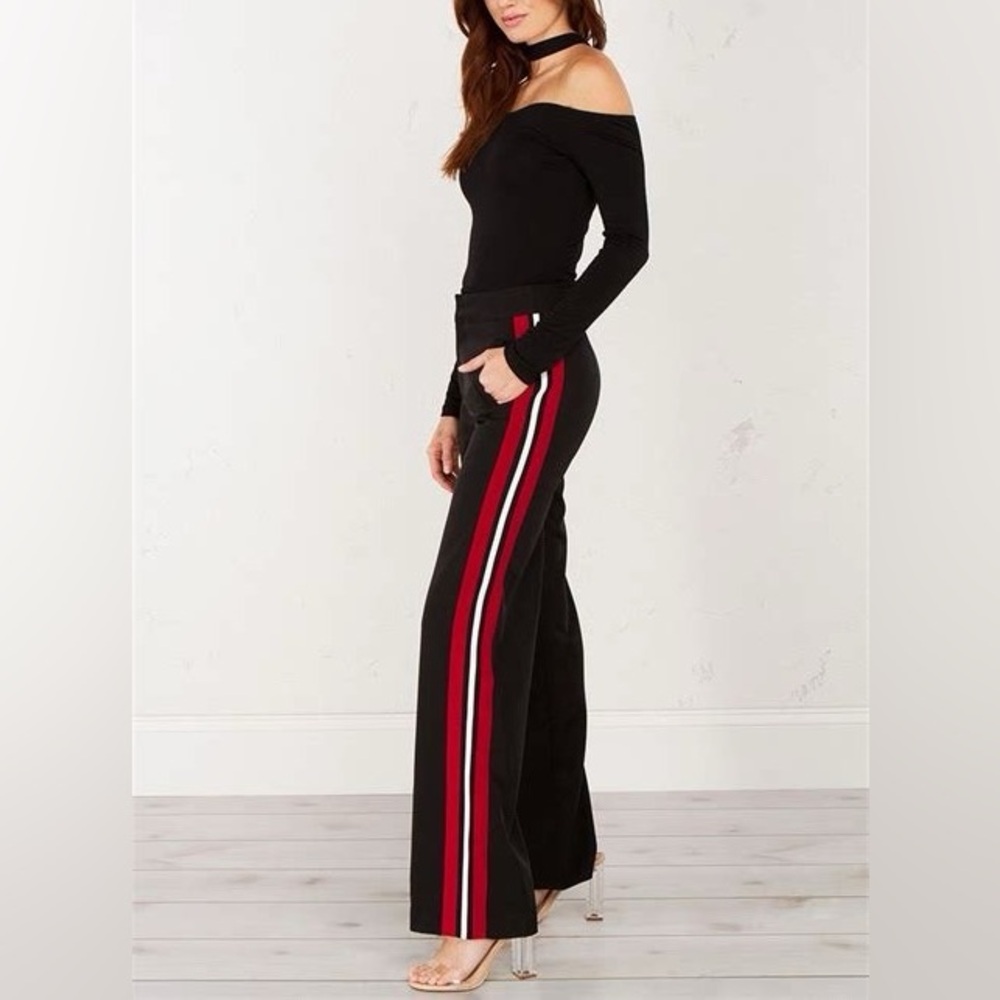 Free People Black Track Pants with Red Stripes